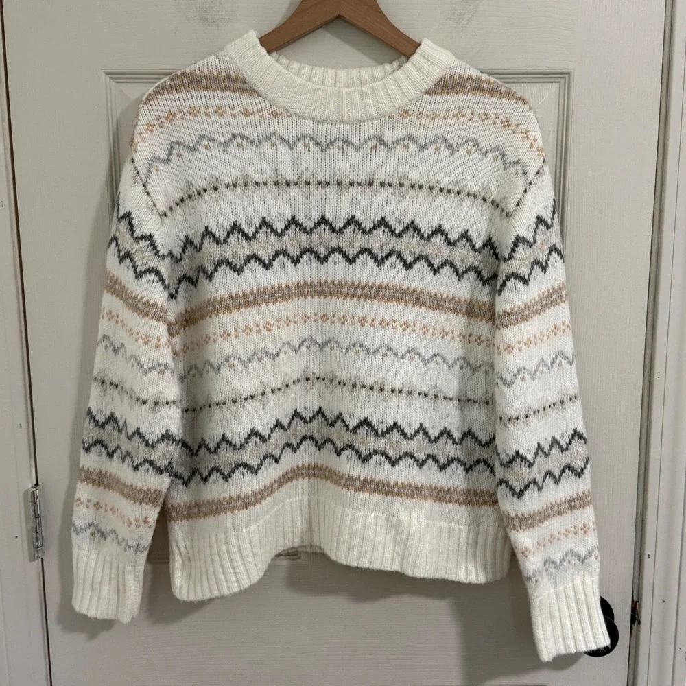 American Eagle Fair Isle Sweater Womens‎ Small Cream Nordic Pullover Cozy Winter